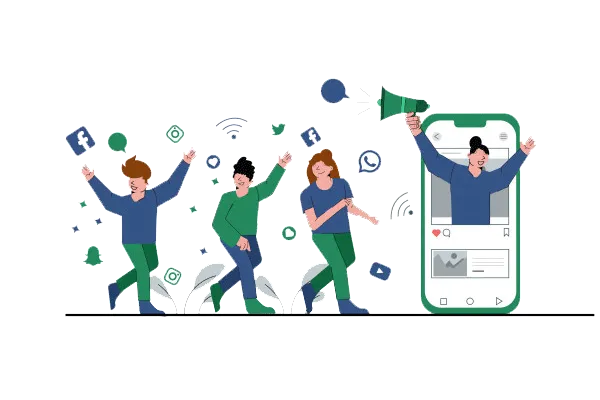 Illustration of people juggling with social media icons